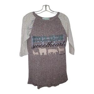 Southern Grace 3/4 Lace Slv Shirt sz Medium Heathered Brown Stock Show